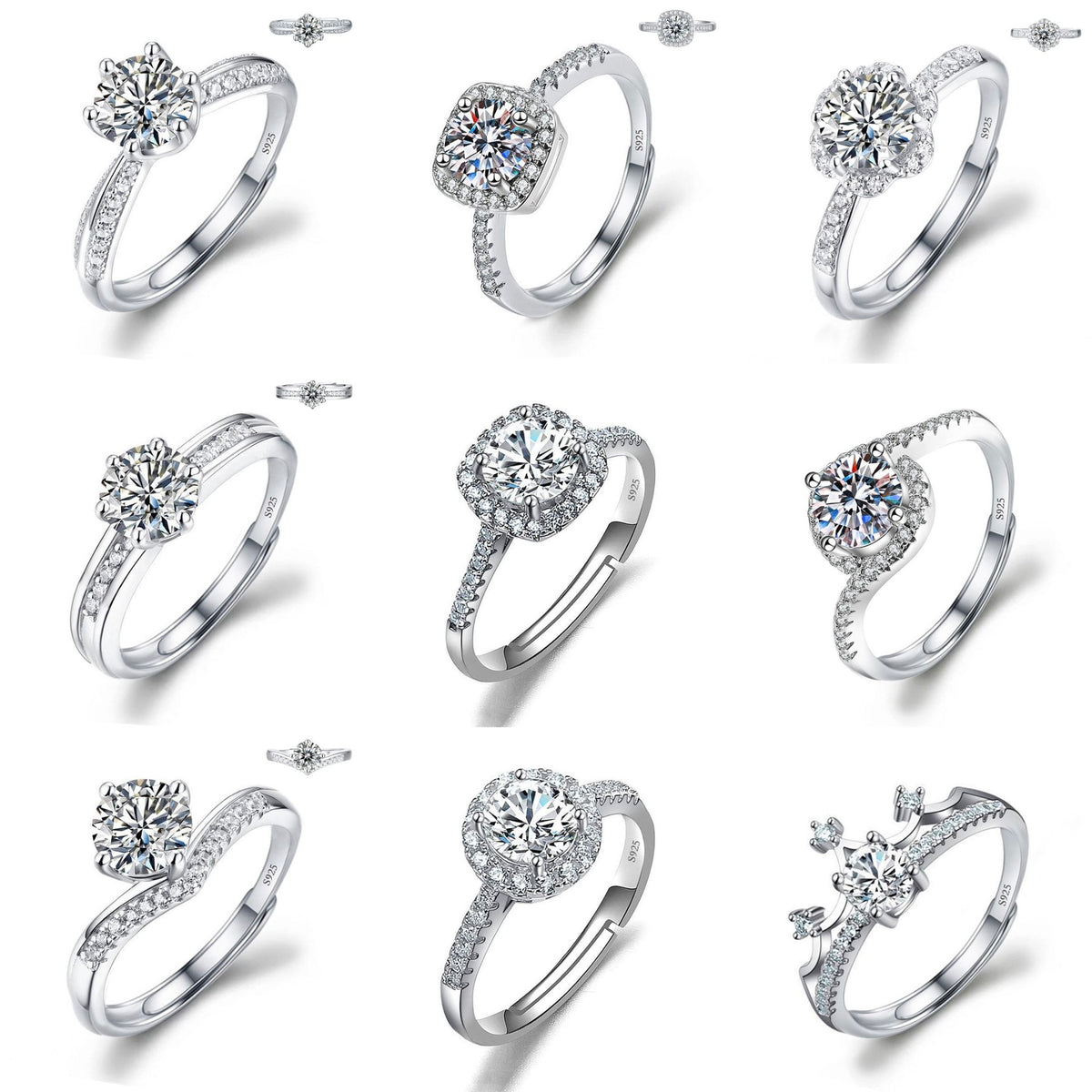 Fashion Women's Jewelry Ring Imitation 925 Moissanite Copper Ring Wedding Engagement Props Adjustable Diamond Zircon Ring